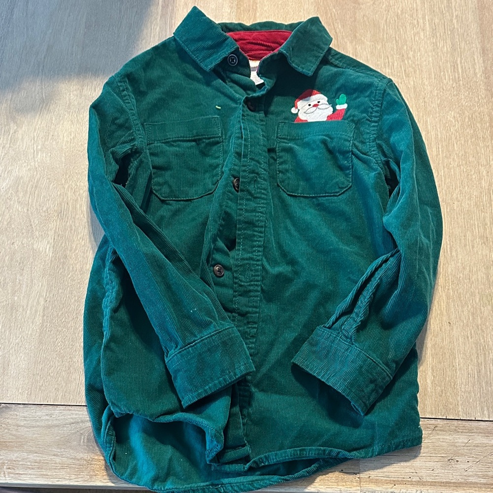 Gymboree Green Button Down Shirt with Santa Embroidery